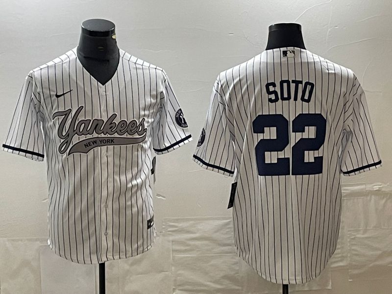 Men New York Yankees 22 Soto White stripe Game Nike 2023 MLB Jersey style 1